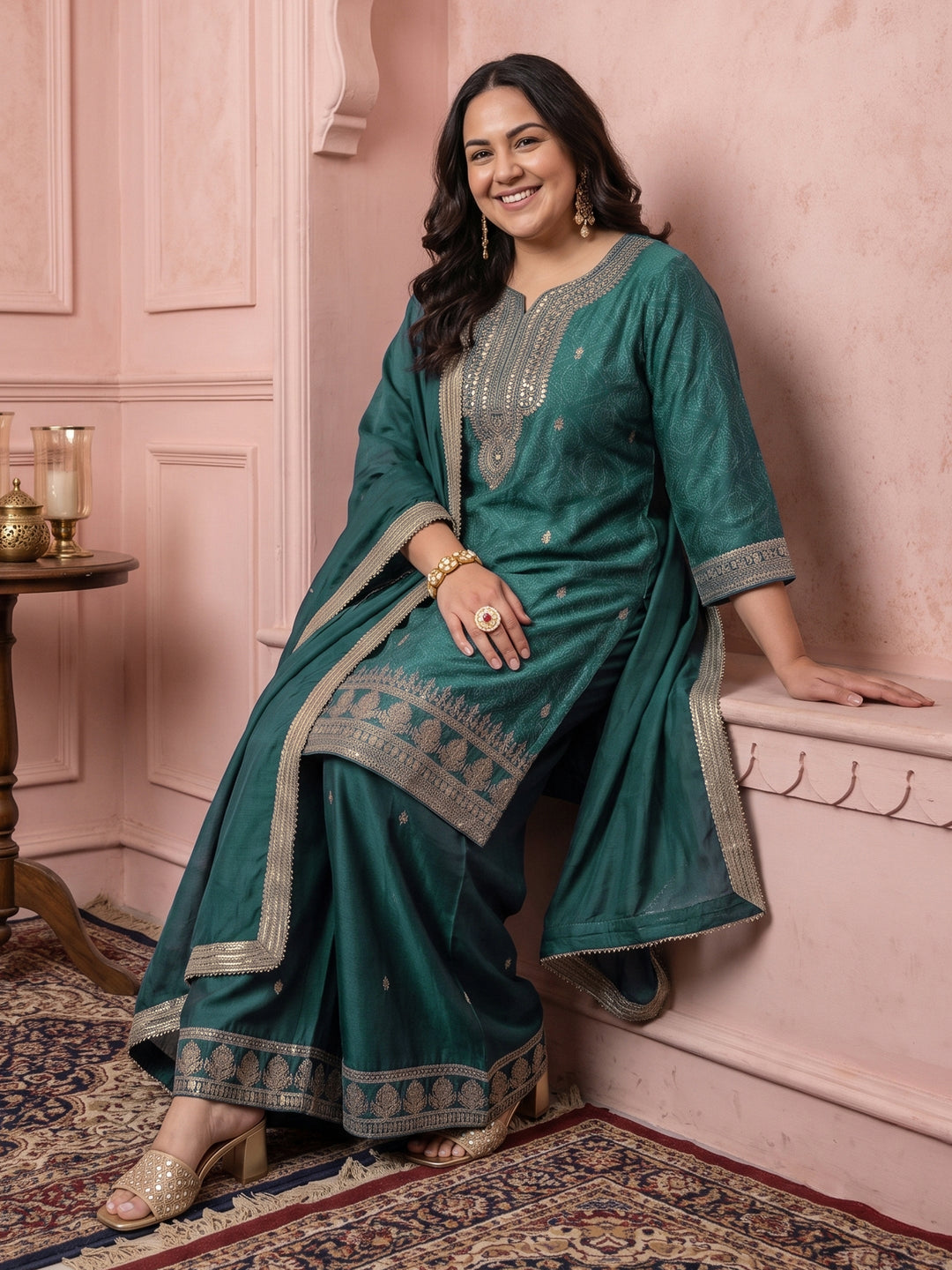  Plus Size Green Bandhani Printed Silk Blend Palazzo Suit Set 