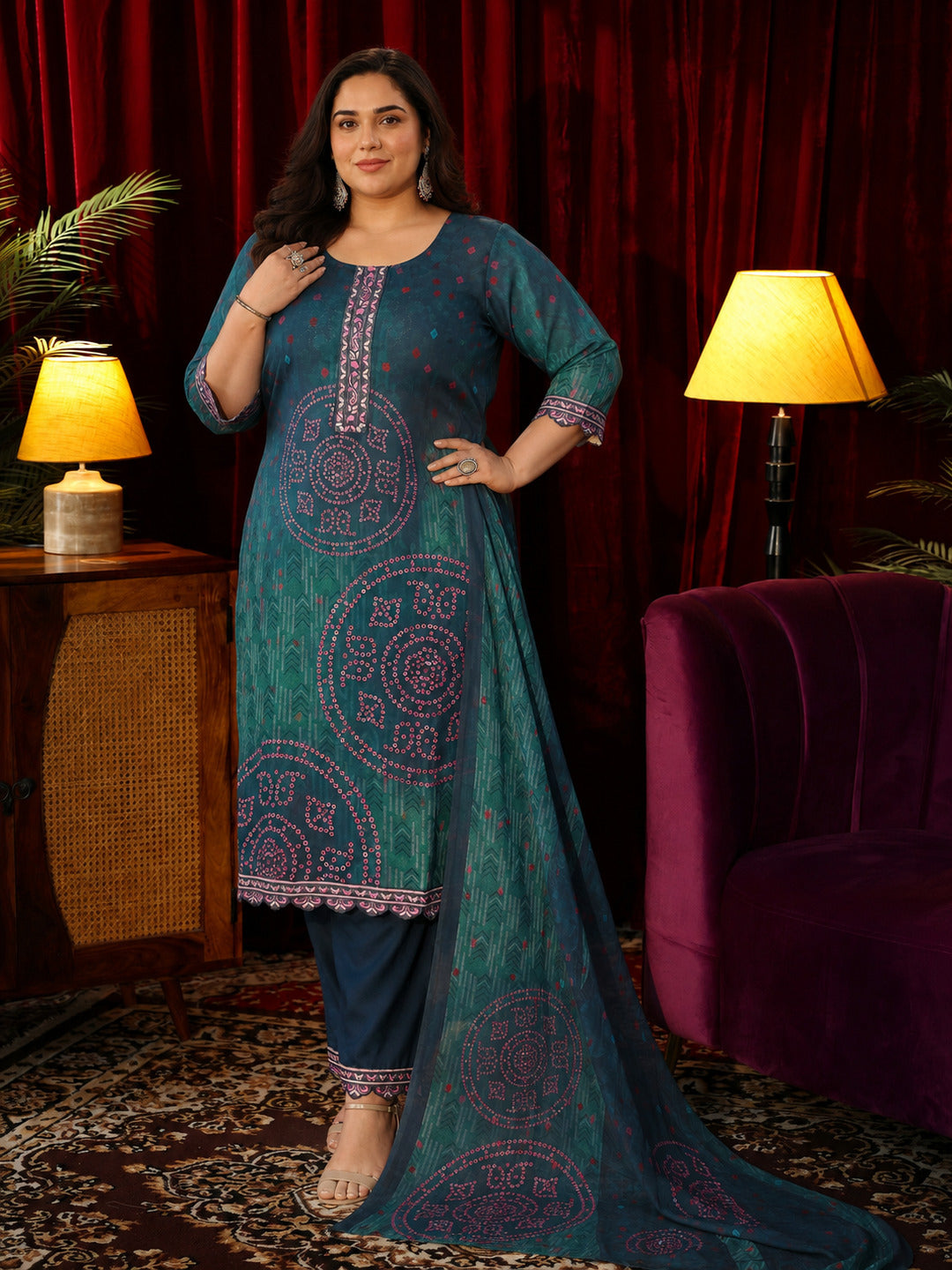 Plus Size Green Cotton Printed Straight Suit With Dupatta-image-9