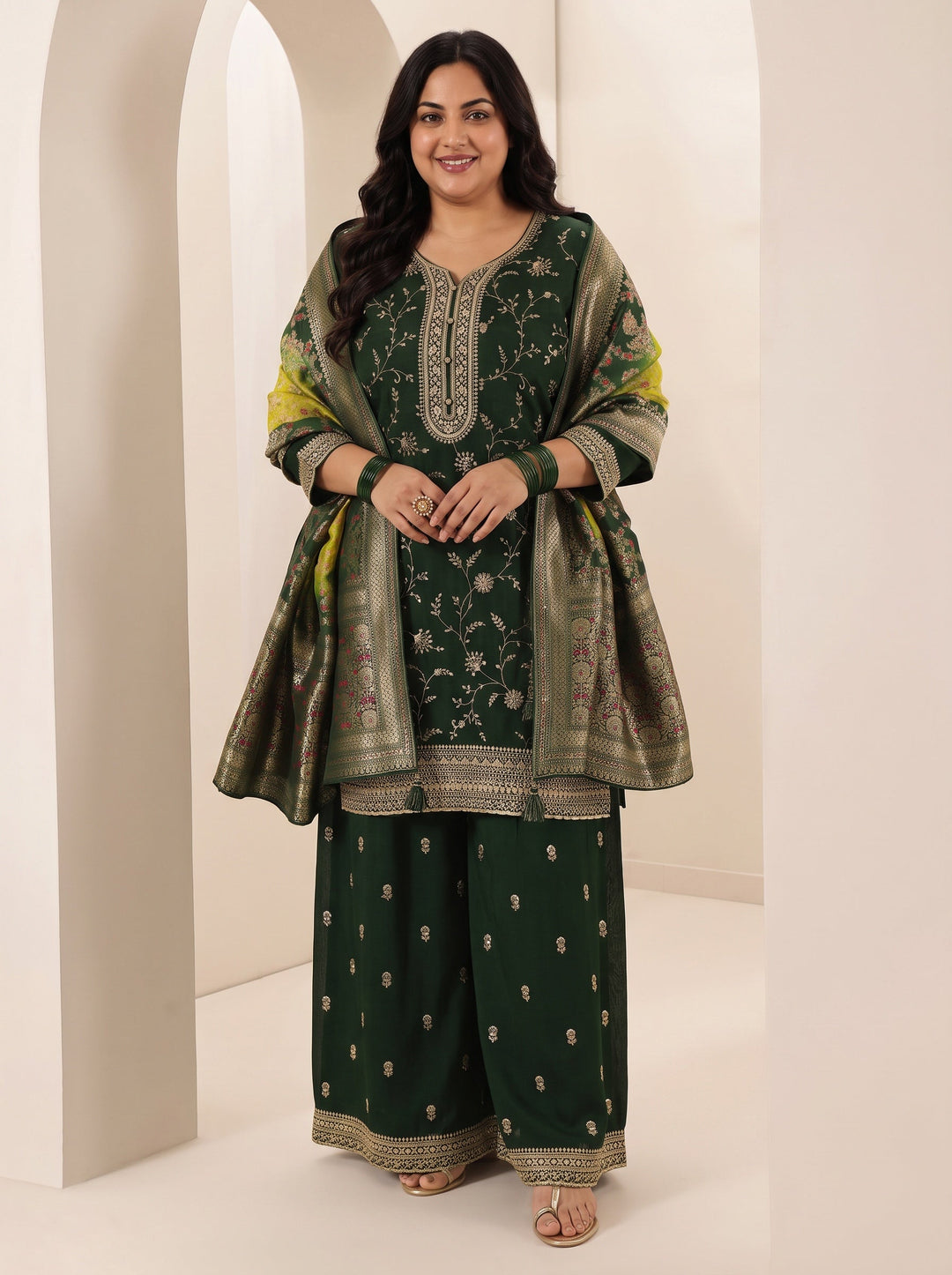 Plus Size Green Embroidered Silk Blend Straight Suit Sets With Dupatta