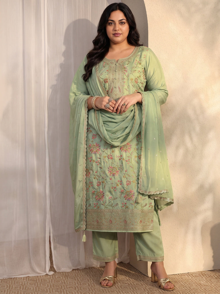 Plus Size Green Embroidered Silk blend Straight Suit Set With Dupatta
