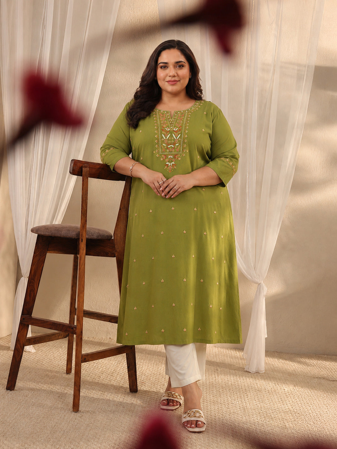 libas Plus Size Green Ethnic Motif Embroidered Cotton Straight Kurta-picture-51