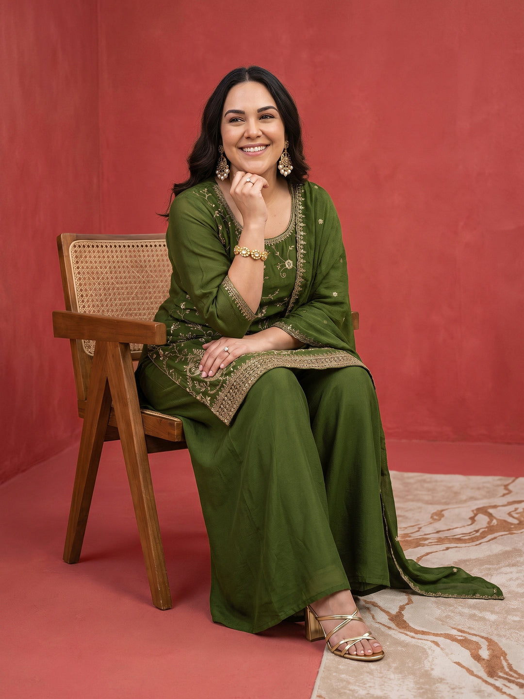 Plus Size Green Floral Embroidered Chinon Palazzo Suit Set
