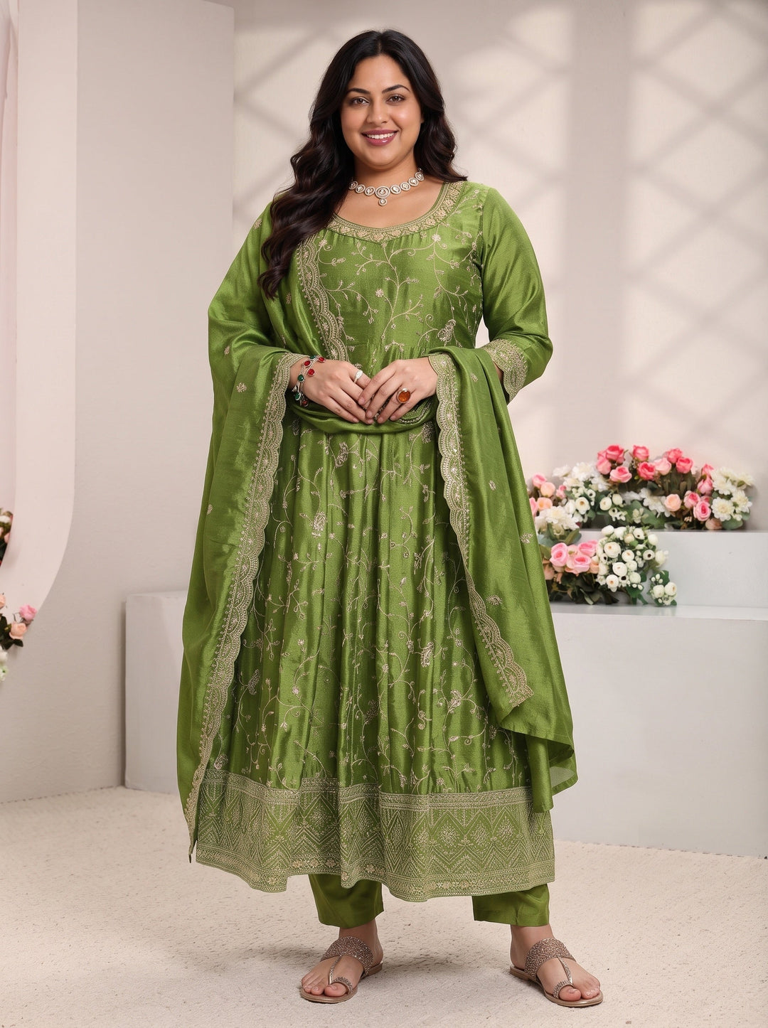 Plus Size Green Floral Embroidered Silk Blend Anarkali Suit Set With Dupatta