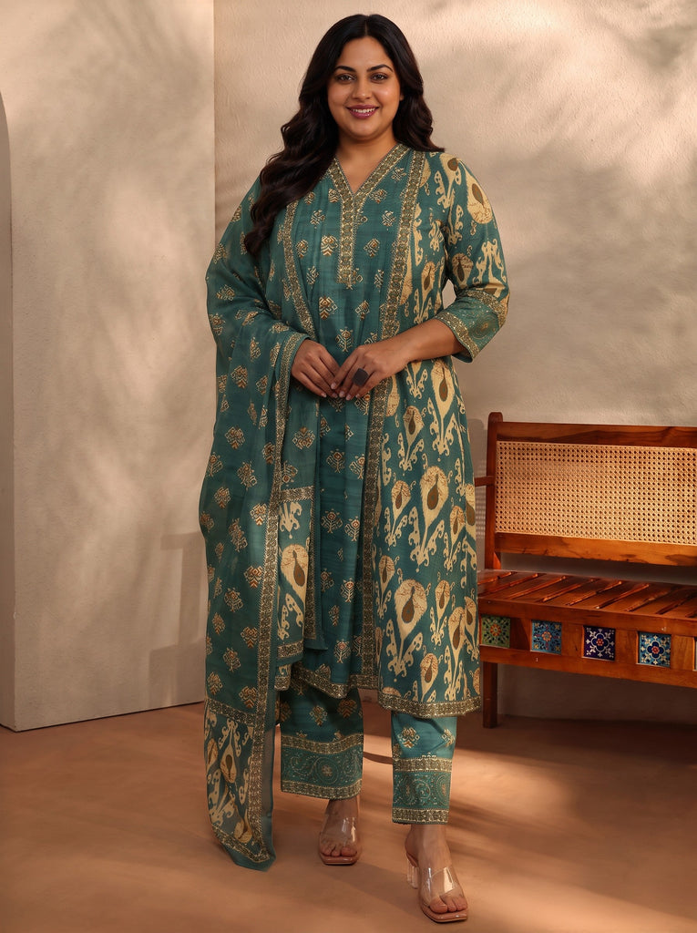 Plus Size Green Floral Printed Cotton Blend A-Line Suit Set With Dupatta