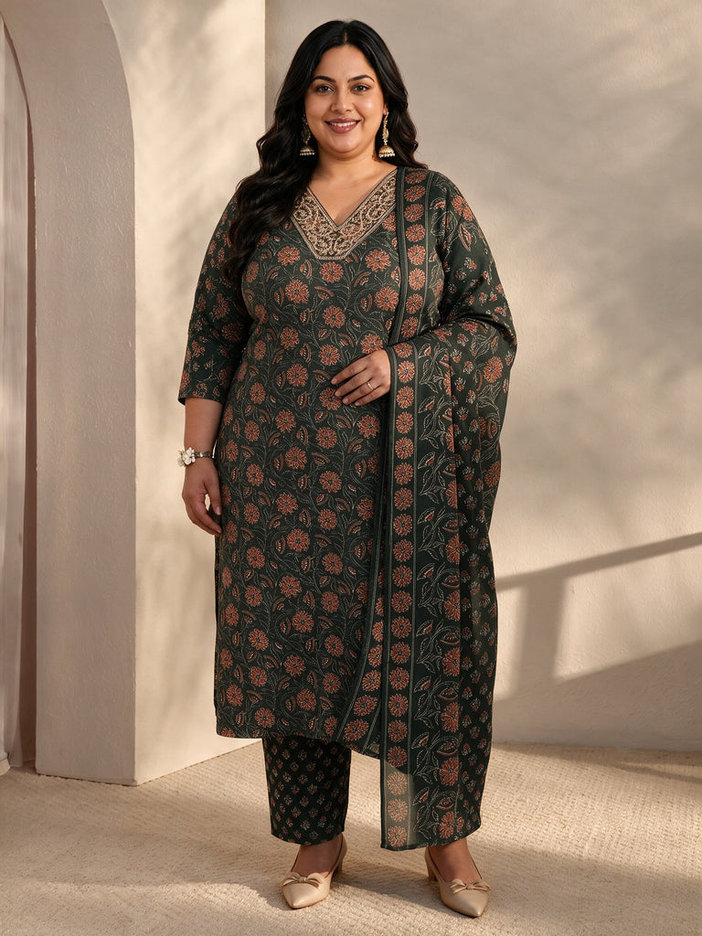 Plus Size Green Floral Printed Cotton Blend Straight Suits Set With Dupatta