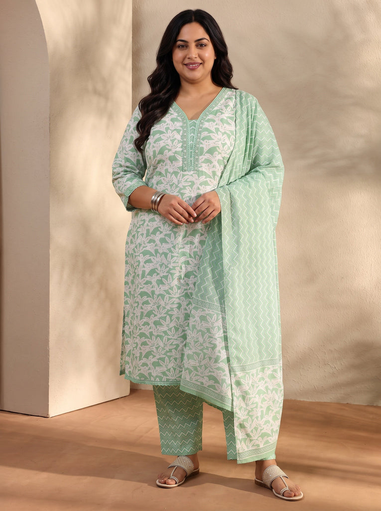 Plus Size Green Floral Printed Cotton Straight Suit Set With Dupatta