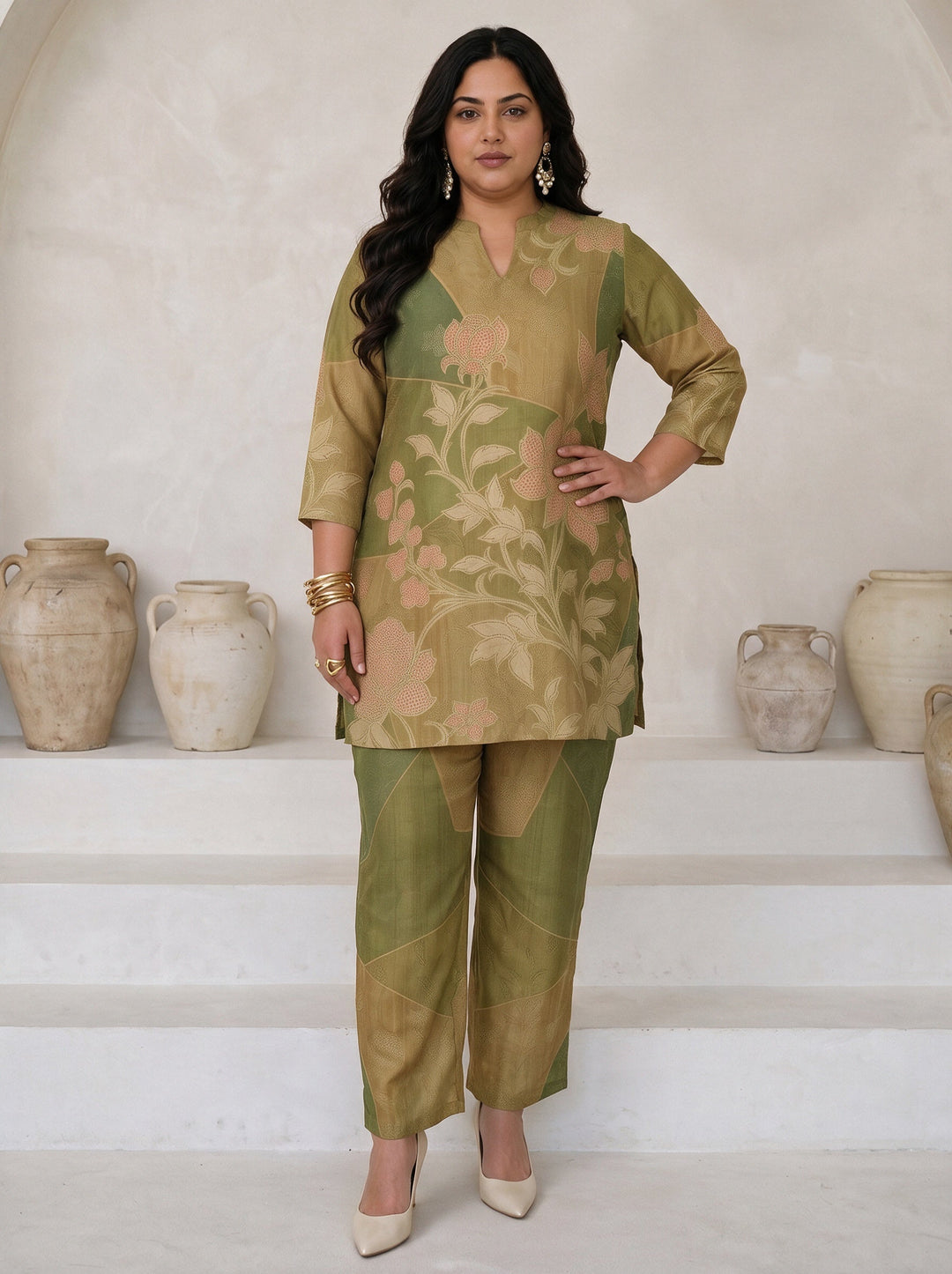 Plus Size Green Floral Printed Muslin Straight Kurta Set