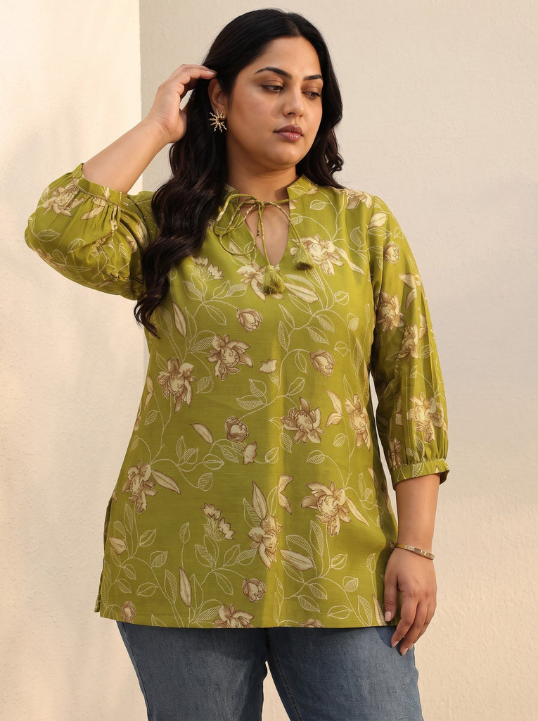 Plus Size Green Floral Printed Silk Blend Tie-Up Straight Short Kurti