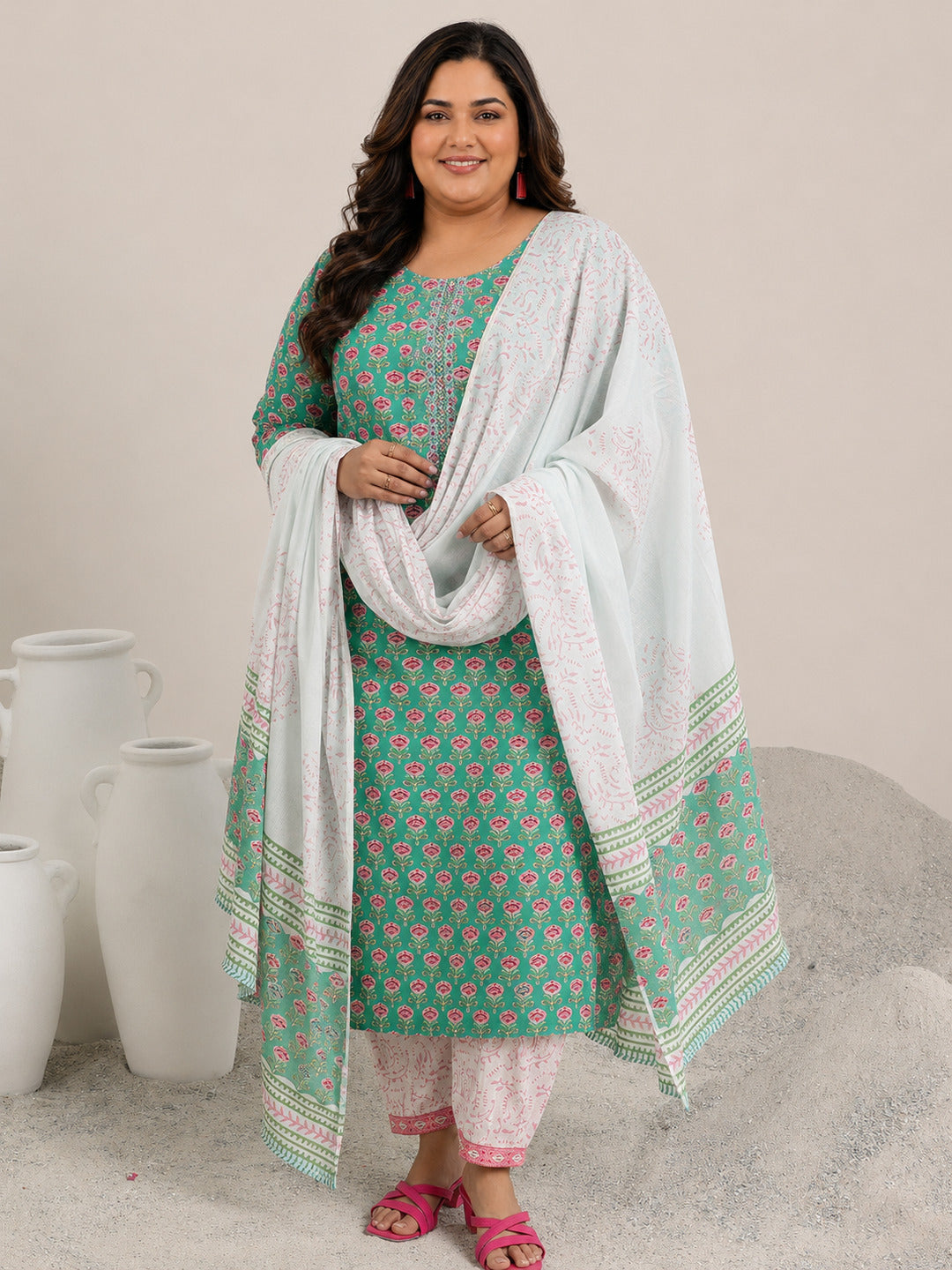  Plus Size Green Printed Cotton Straight Suit Set With Dupatta 
