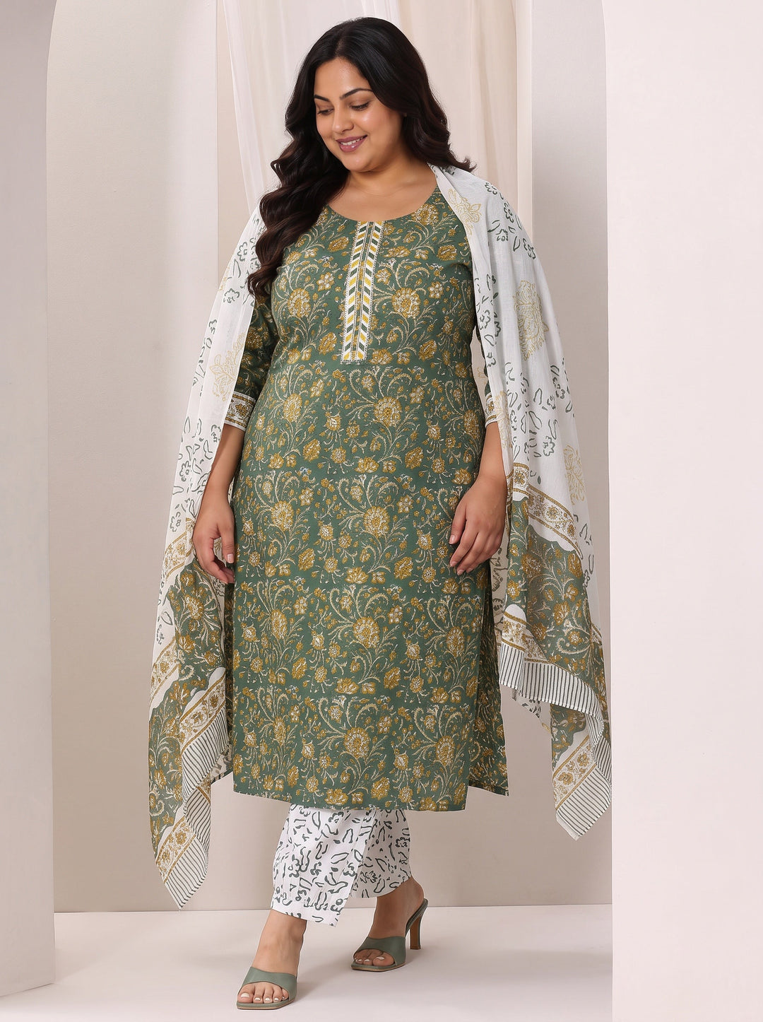 Plus Size Green Printed Cotton Straight Suit Set With Dupatta