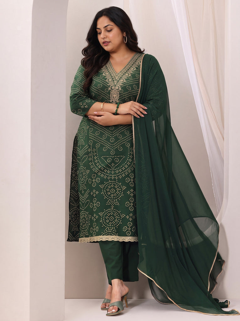 Plus Size Green Printed Cotton Straight Suit Set With Dupatta