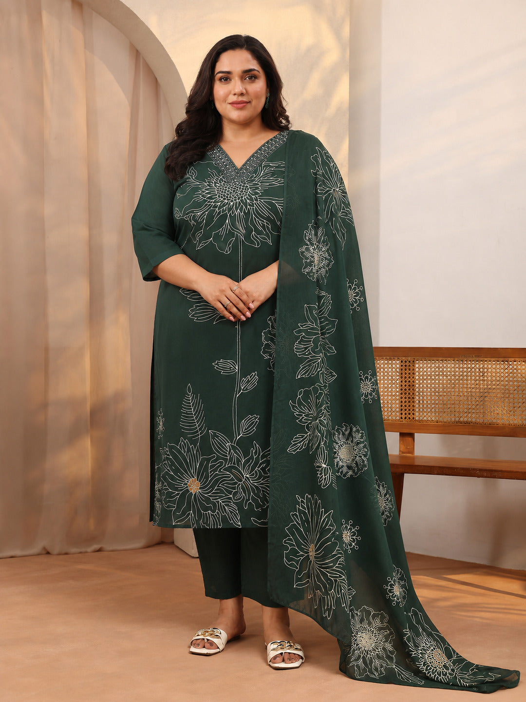 libas Plus Size Green Printed Cotton Straight Suit Set With Dupatta-picture-10