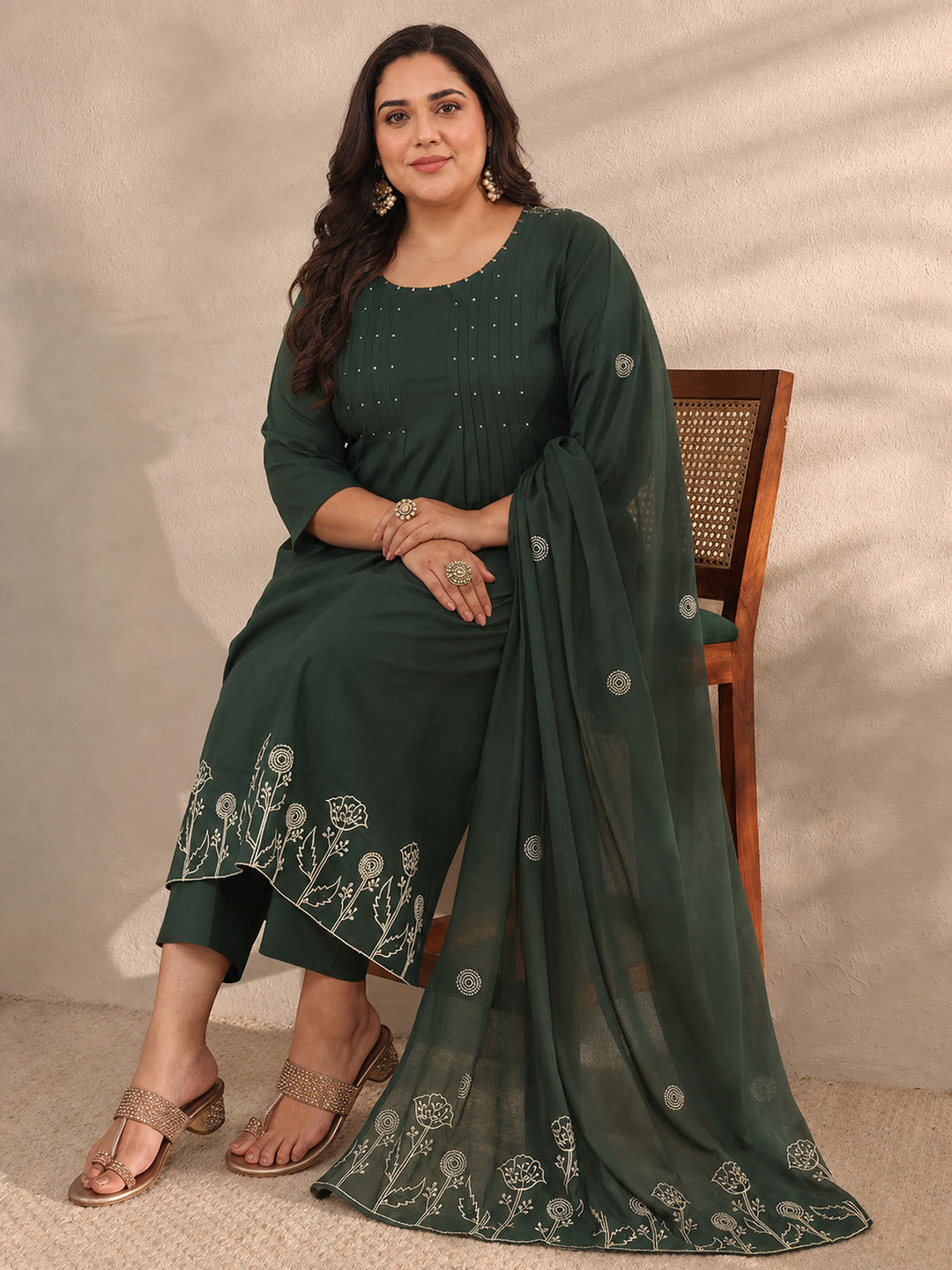 libas Plus Size Green Solid Embroidered Cotton A-Line Suit Set With Dupatta-picture-38