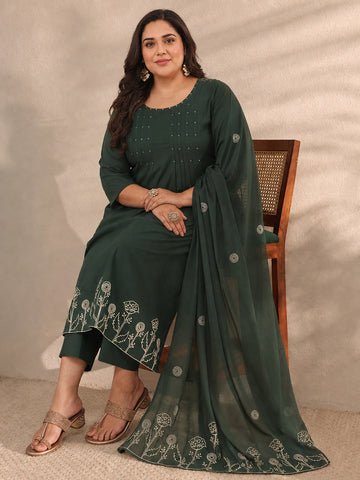 Plus Size Green Solid Embroidered Cotton A-Line Suit Set With Dupatta