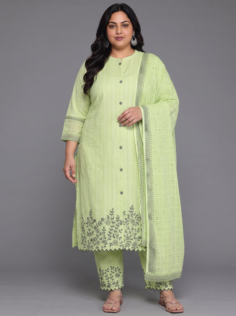 Plus Size Green Woven Design Cotton Straight Suit With Dupatta