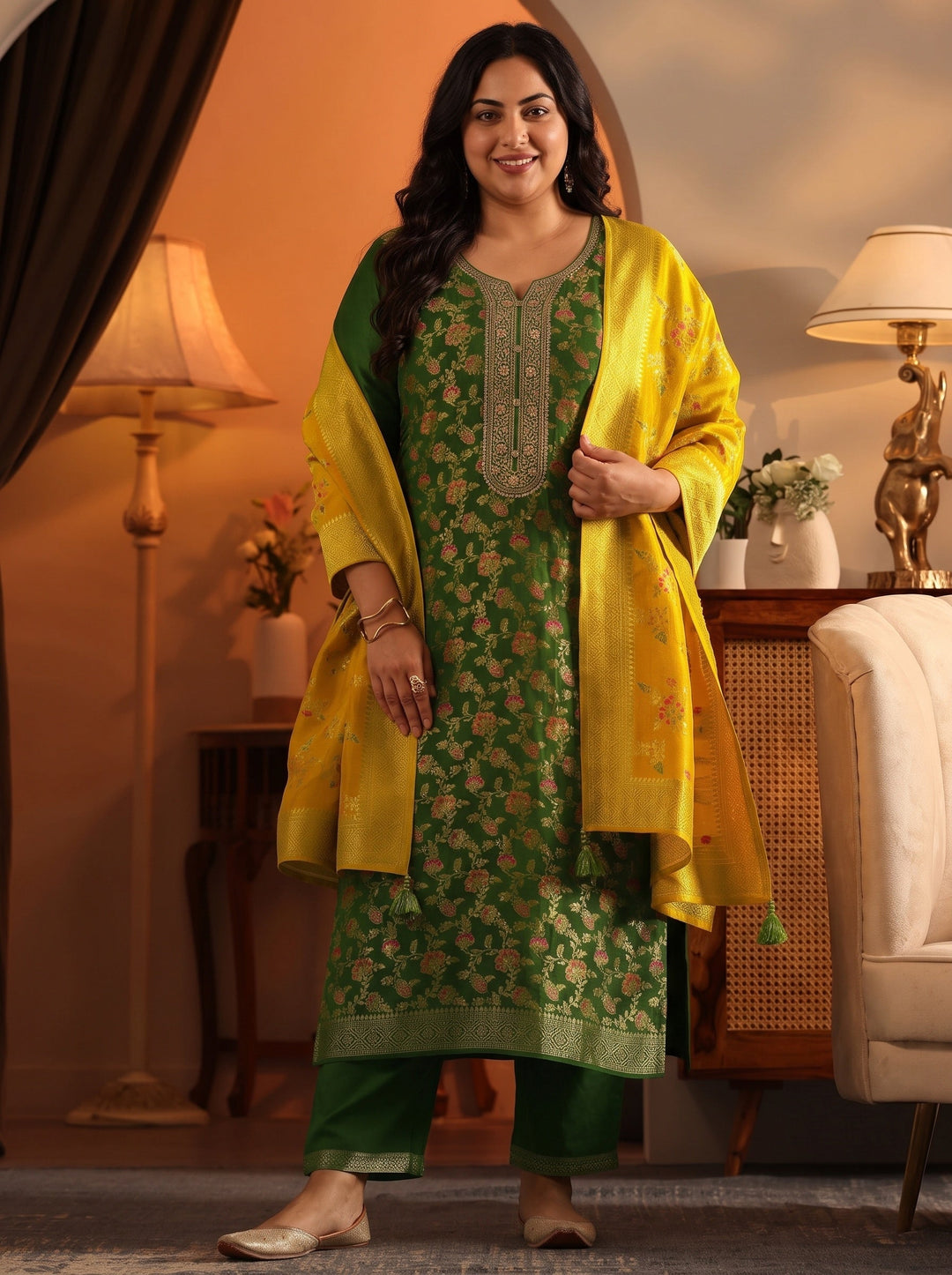 Plus Size Green Woven Design Silk Blend Straight Suit Set With Dupatta