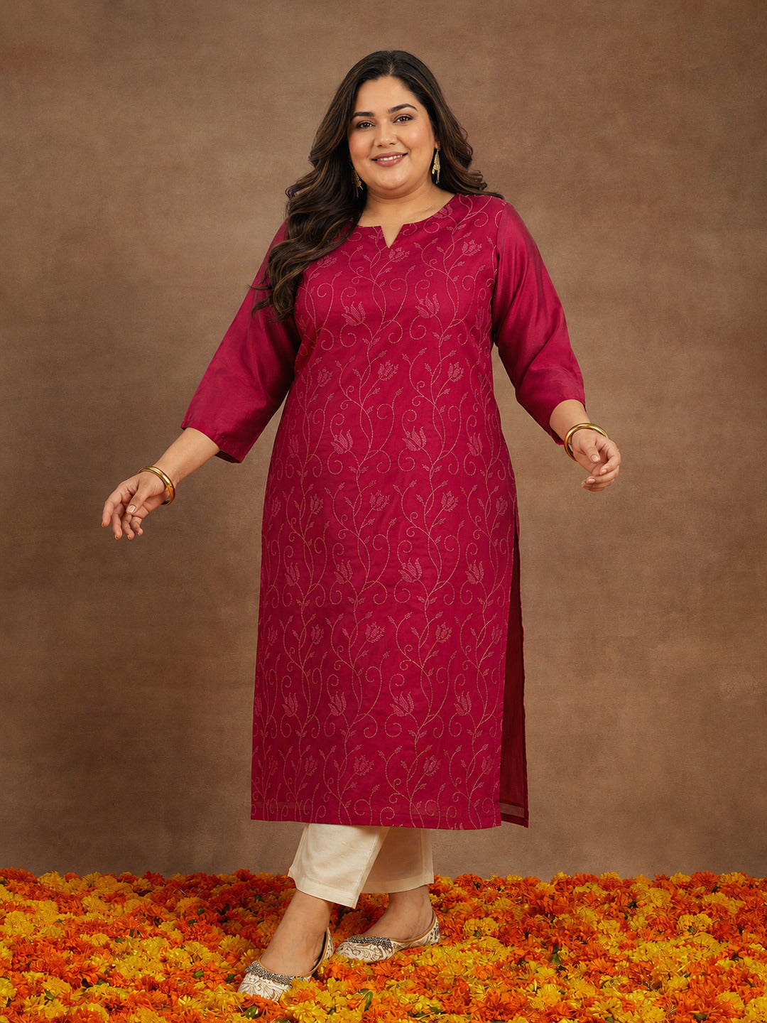  Plus Size Hot Pink Embroidered Chanderi Silk Straight Kurta 