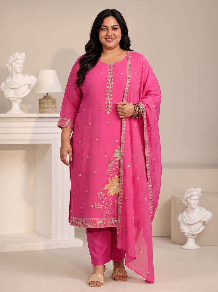 Plus Size Hot Pink Floral Embroidered Chanderi Silk Straight Suit Set