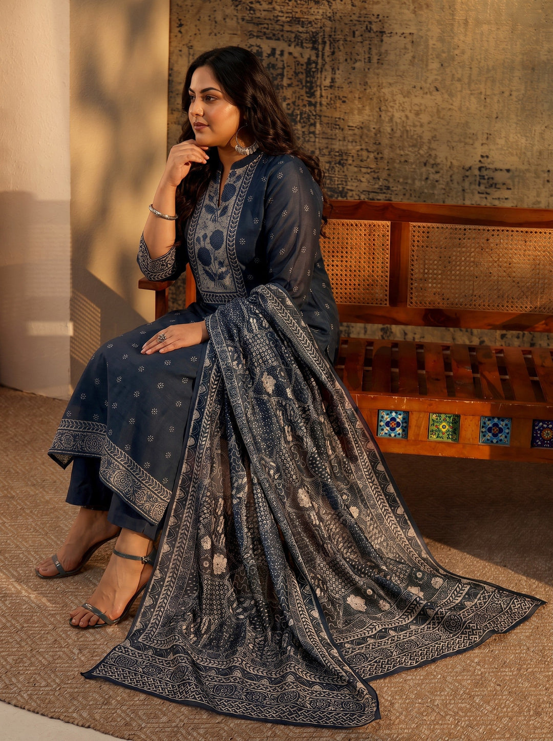  Plus Size Indigo Blue Floral Printed Chanderi Silk Straight Suit Set 