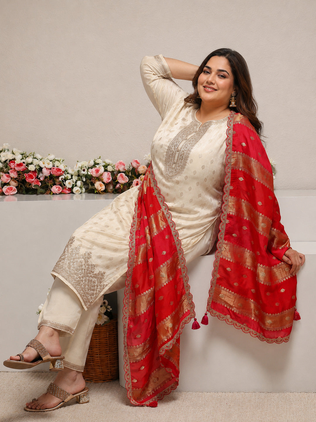 Plus Size Ivory Woven Design Silk Blend Straight Suit Set With Dupatta