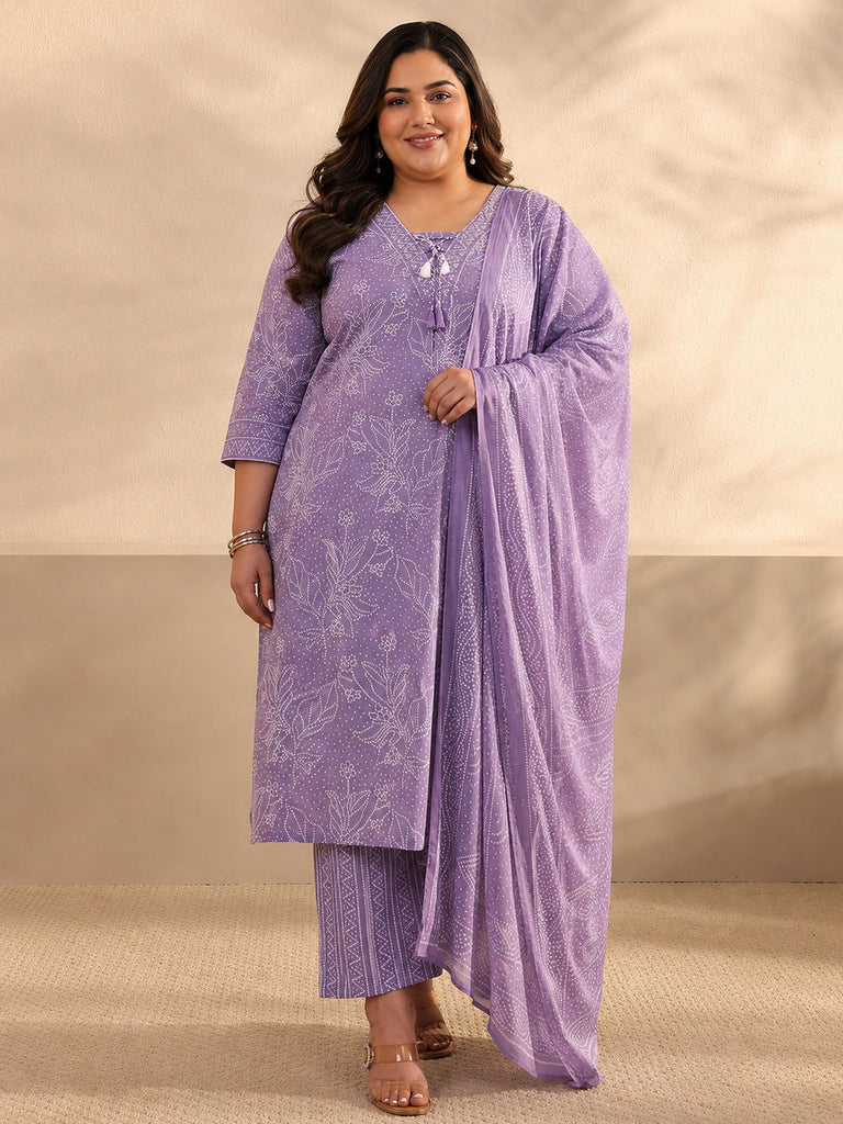 Plus Size Lavender Bandhani Printed Cotton Straight Suit Set With Dupatta