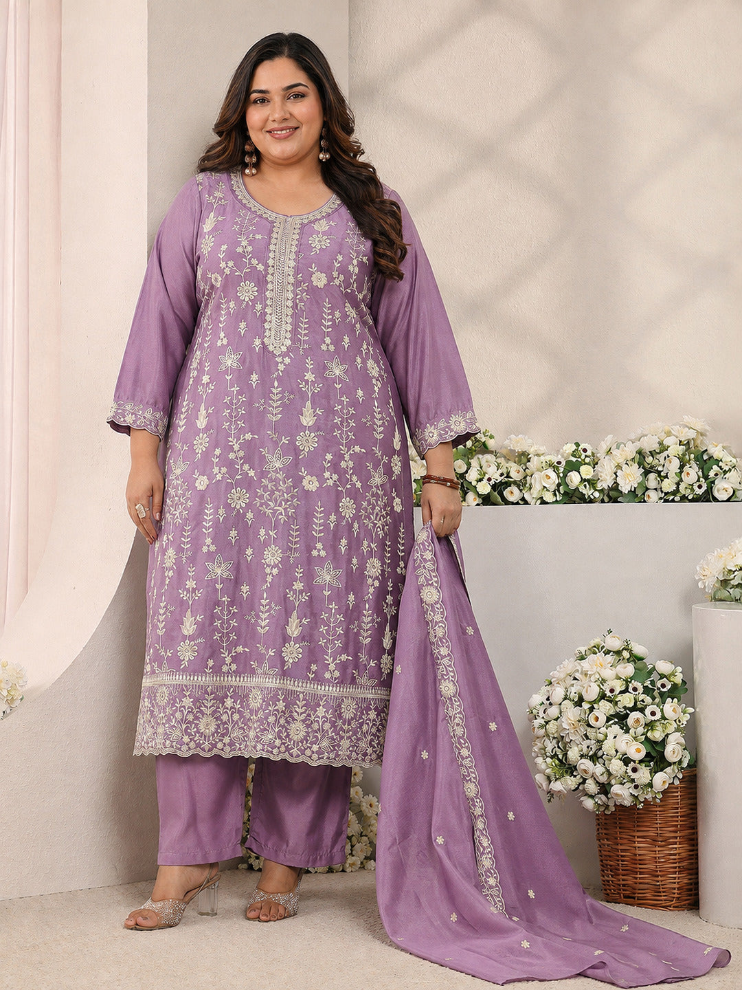 Plus Size Lavender Floral Embroidered Silk Blend Straight Suit Set With Dupatta 
