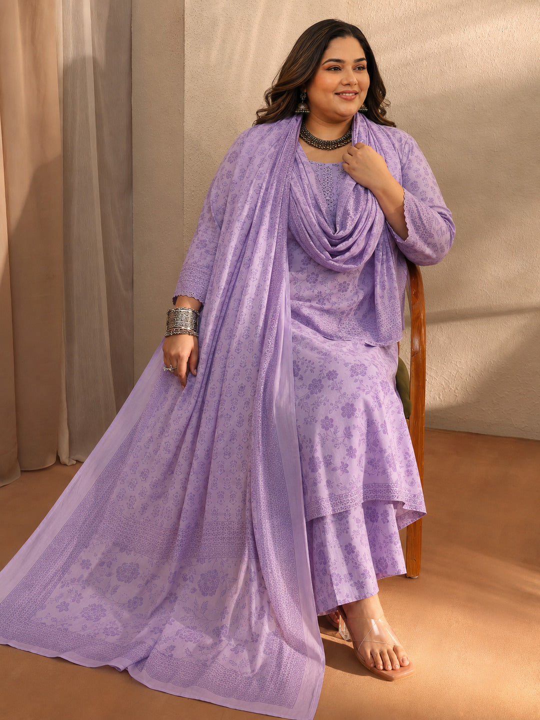 libas Plus Size Lavender Floral Printed Cotton Blend Straight Suit Set With Dupatta-picture-19
