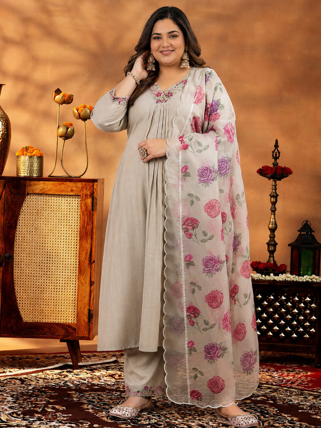  Plus Size Beige Yoke Design Silk Blend Straight Suit With Dupatta 