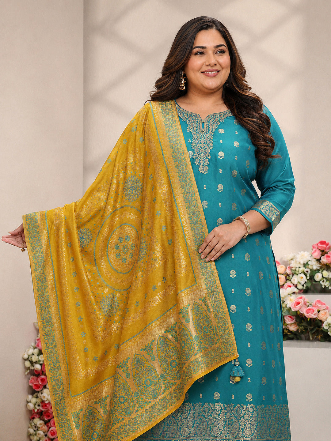  Plus Size Green Floral Woven Design Silk Blend Straight Suit Set With Dupatta 
