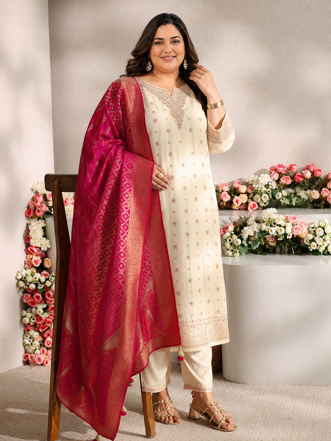  Plus Size Ivory Woven Design Silk Blend Straight Suit Set With Dupatta 