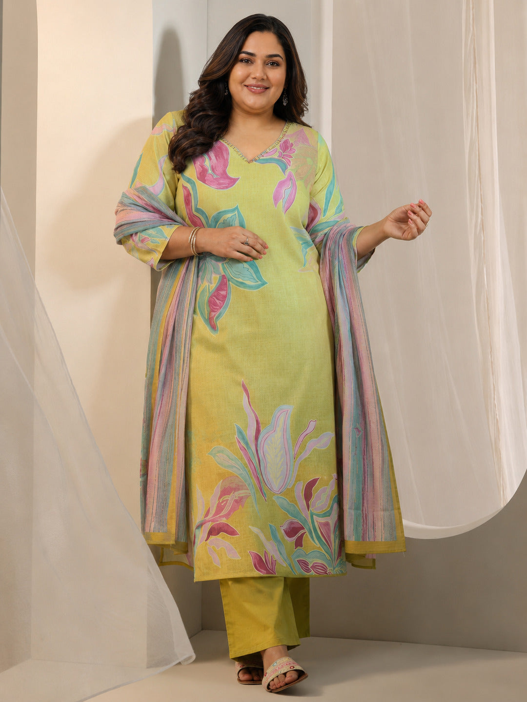  Plus Size Multi Printed Cotton Blend Straight Suit Set With Dupatta 