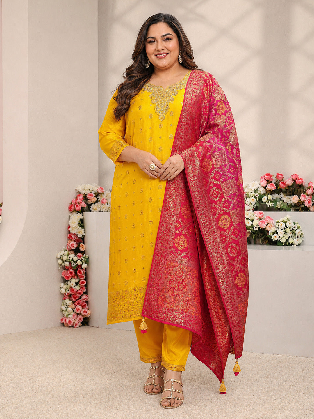  Plus Size Mustard Floral Woven Design Silk Blend Straight Suit Set With Dupatta 
