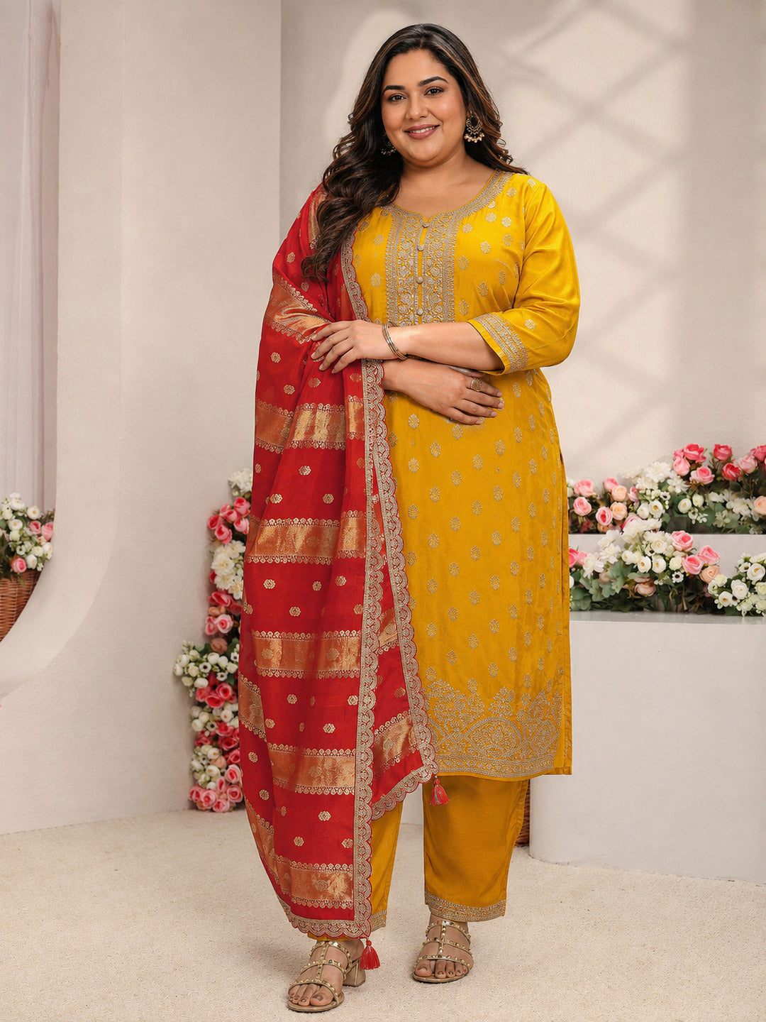  Plus Size Mustard Woven Design Silk Blend Straight Suit Set With Dupatta 