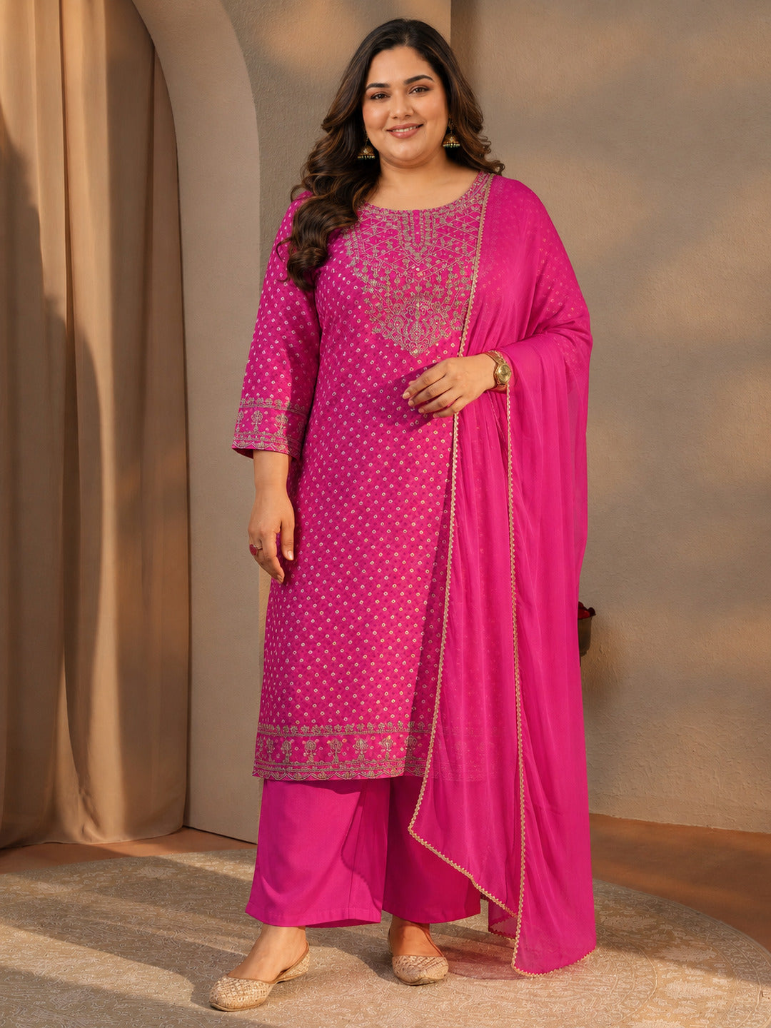  Plus Size Pink Bandhani Embroidered Silk Blend Straight Suit Set With Dupatta 