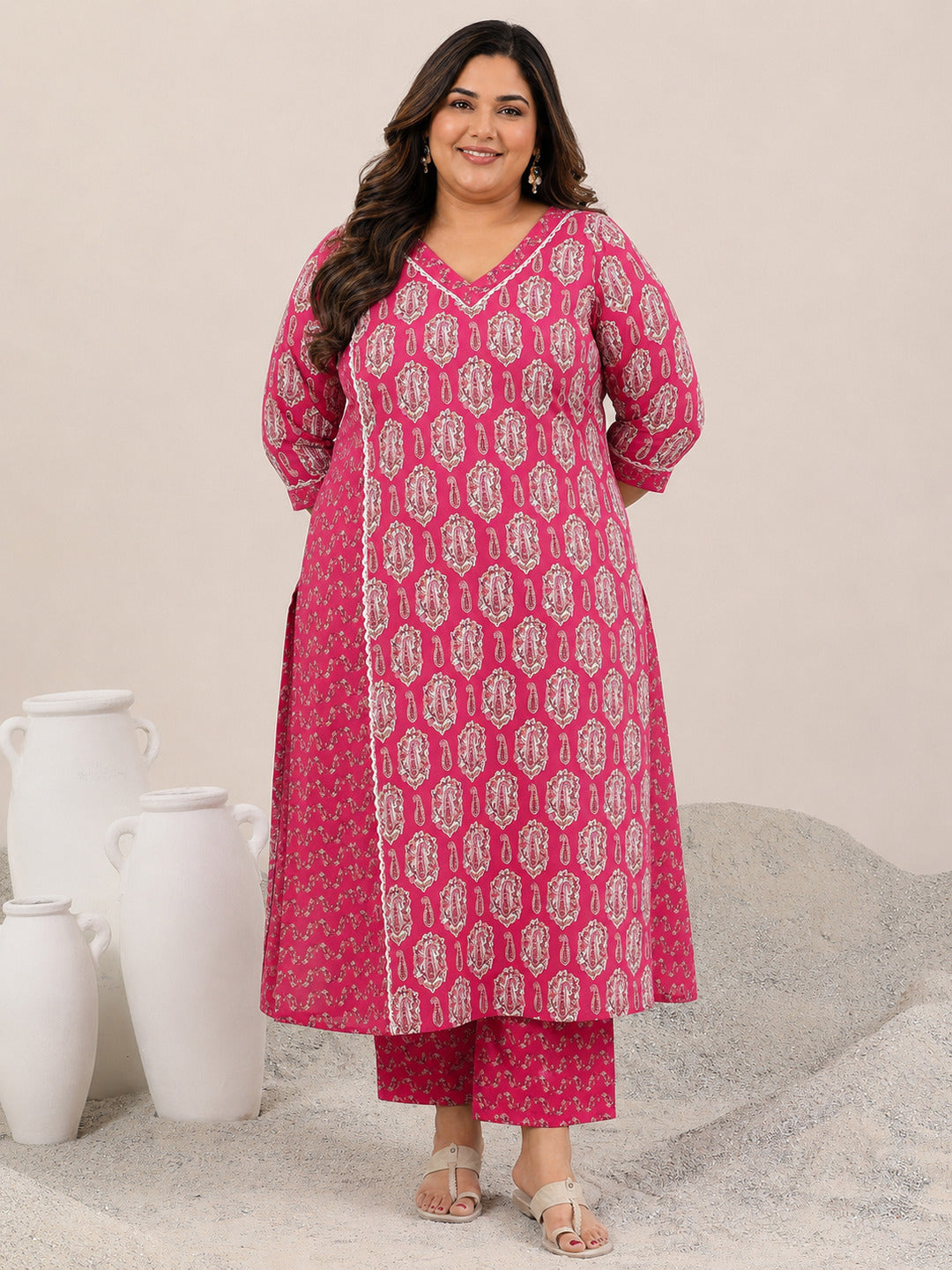  Plus Size Pink Printed Cotton Straight Kurta Set 