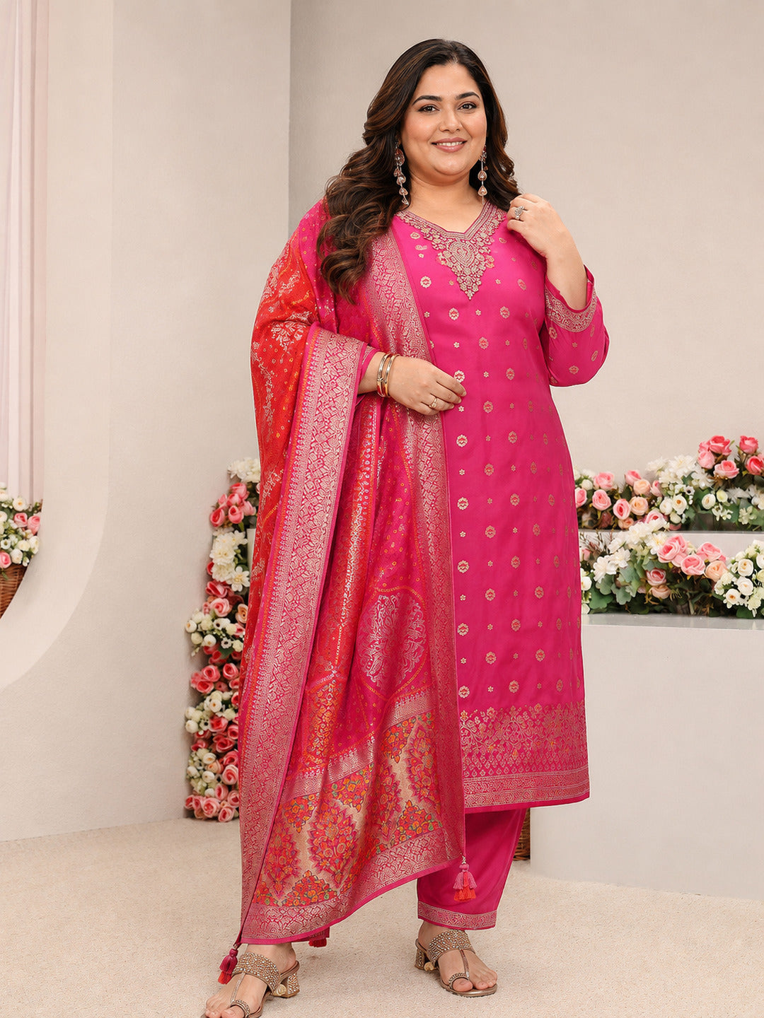  Plus Size Pink Woven Design Silk Blend Straight Suit Set With Dupatta 
