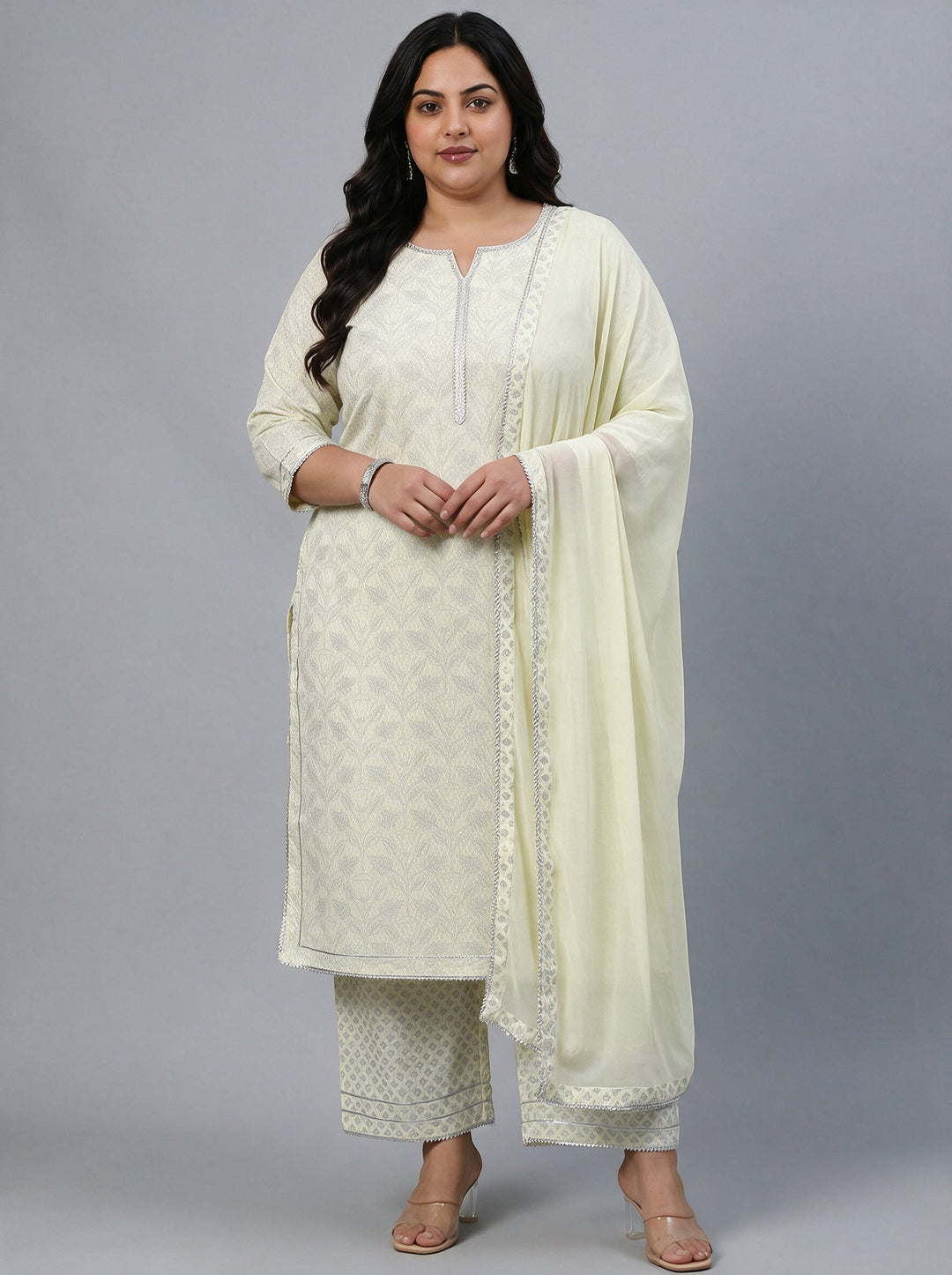 Plus Size Light Yellow Woven Design Rayon Straight Suit Set