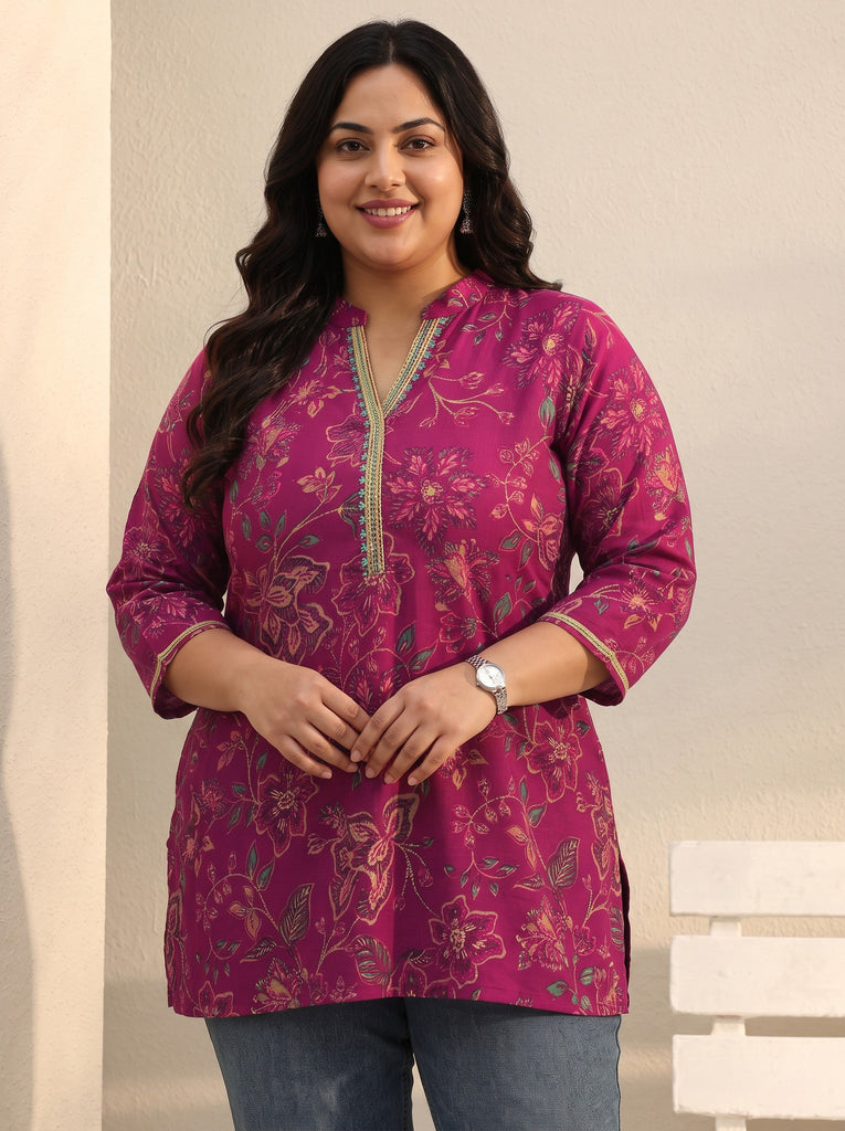 Plus Size Magenta Floral Printed Silk Blend Straight Short Kurti