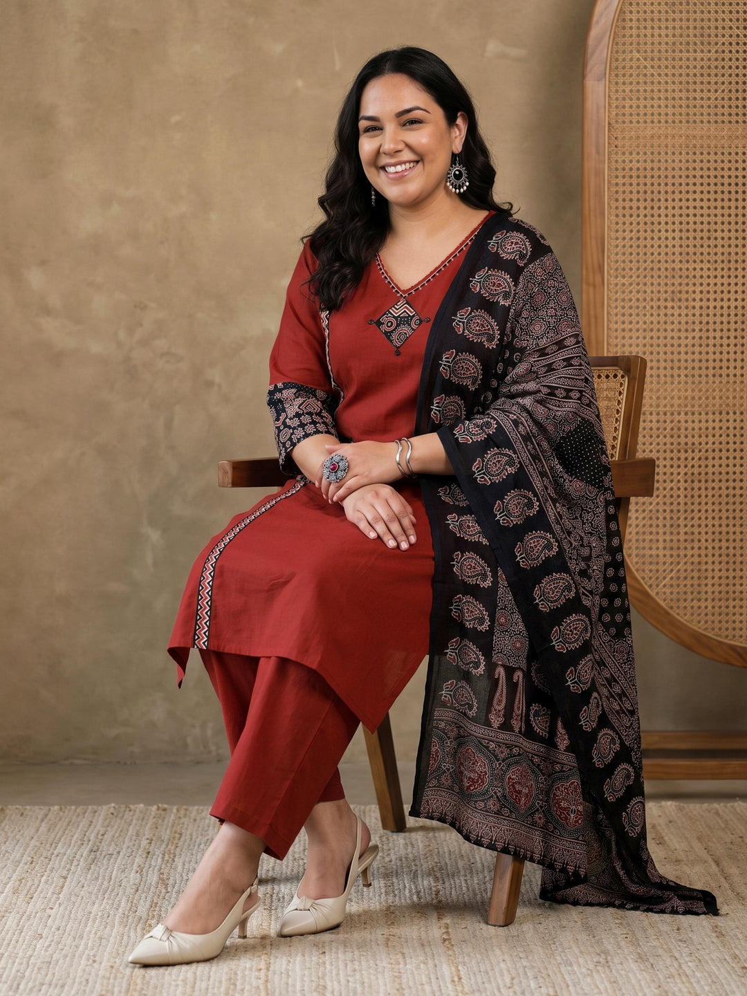Plus Size Maroon Ajrakh Printed Cotton Suit Set