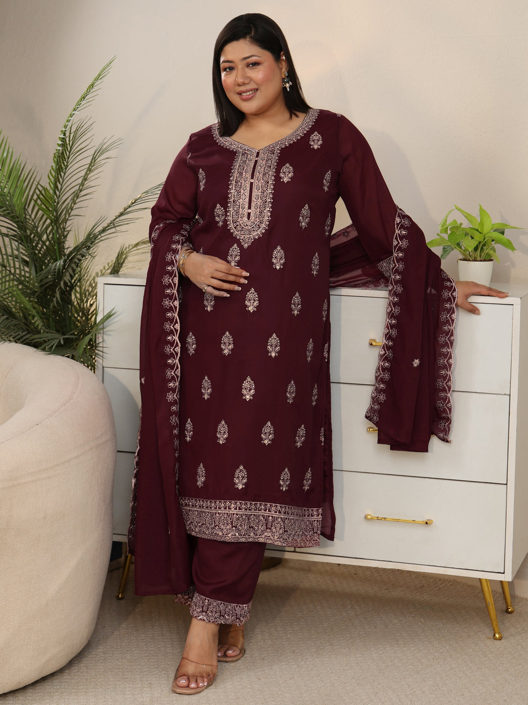  Plus Size Maroon Embroidered Chinon Straight Suit Set 