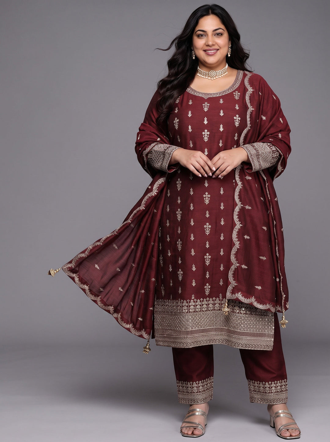 Plus Size Maroon Embroidered Silk Blend Pakistani Suit