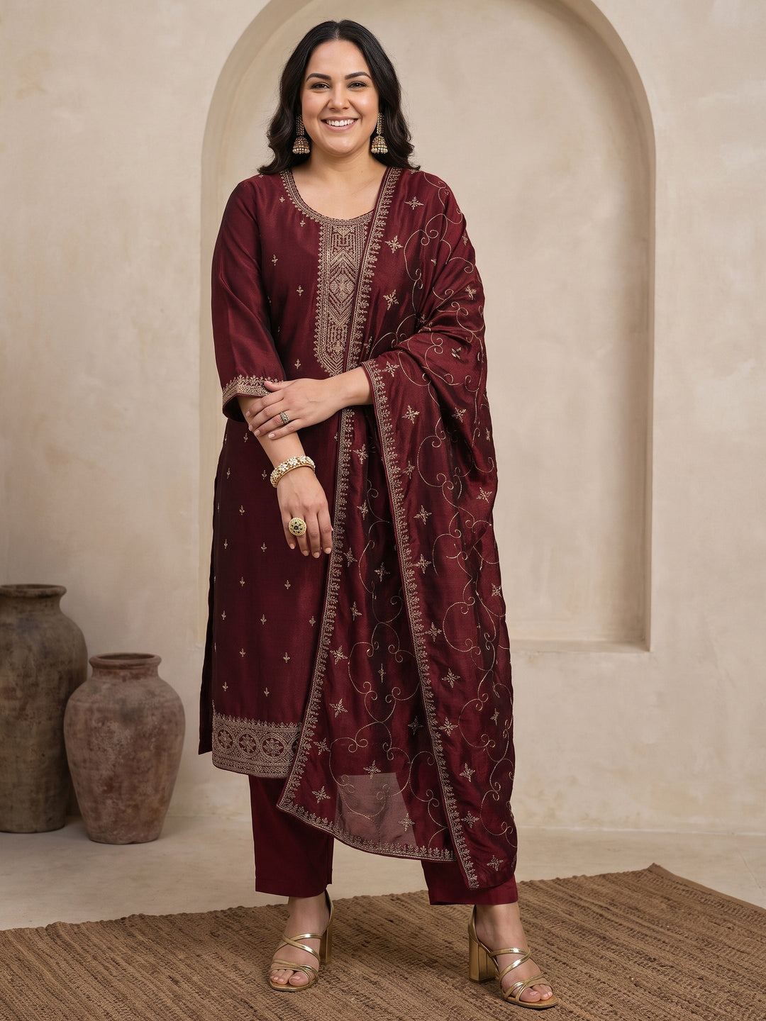 Plus Size Maroon Embroidered Silk Blend Straight Suit Set