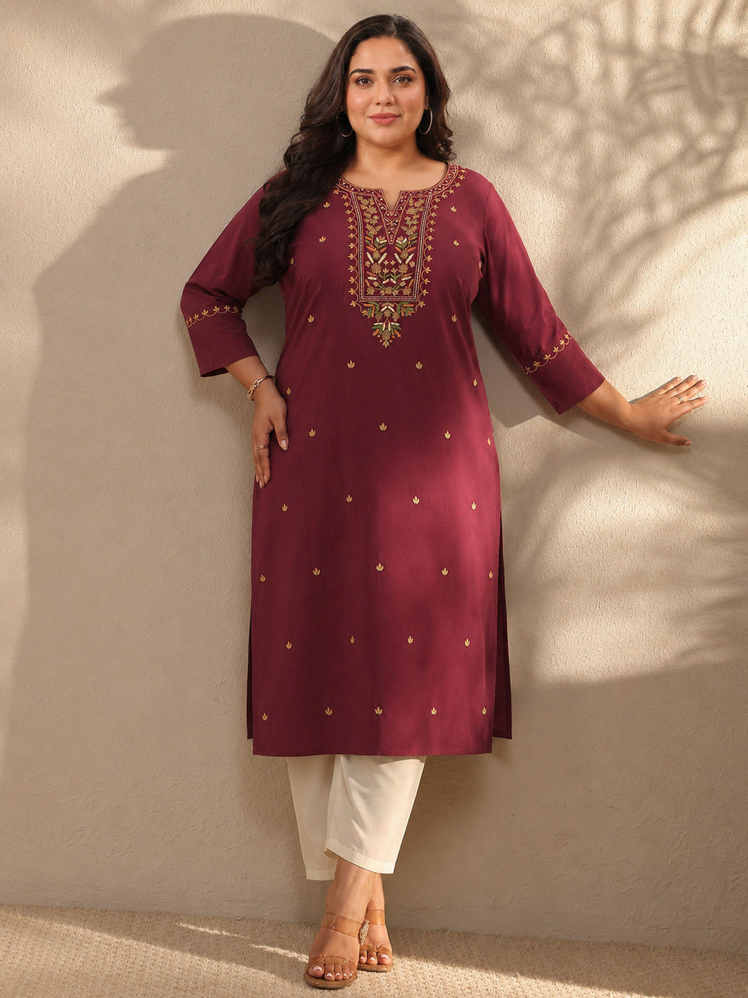 libas Plus Size Maroon Ethnic Motif Embroidered Cotton Straight Kurta-picture-13
