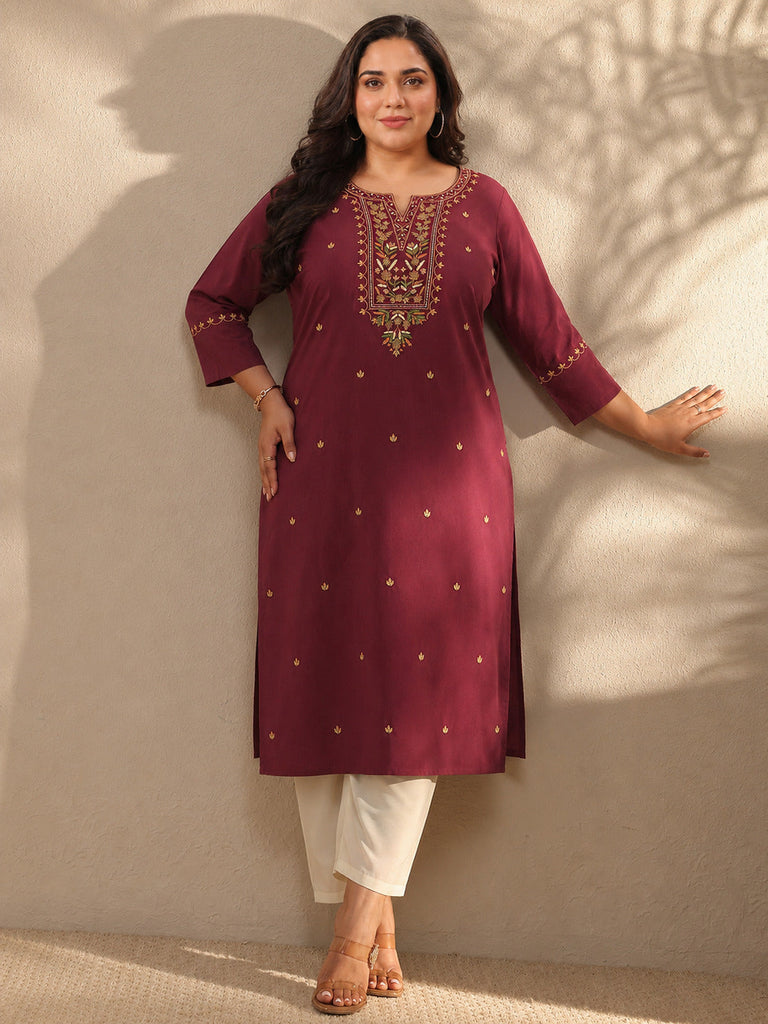 Plus Size Maroon Ethnic Motif Embroidered Cotton Straight Kurta