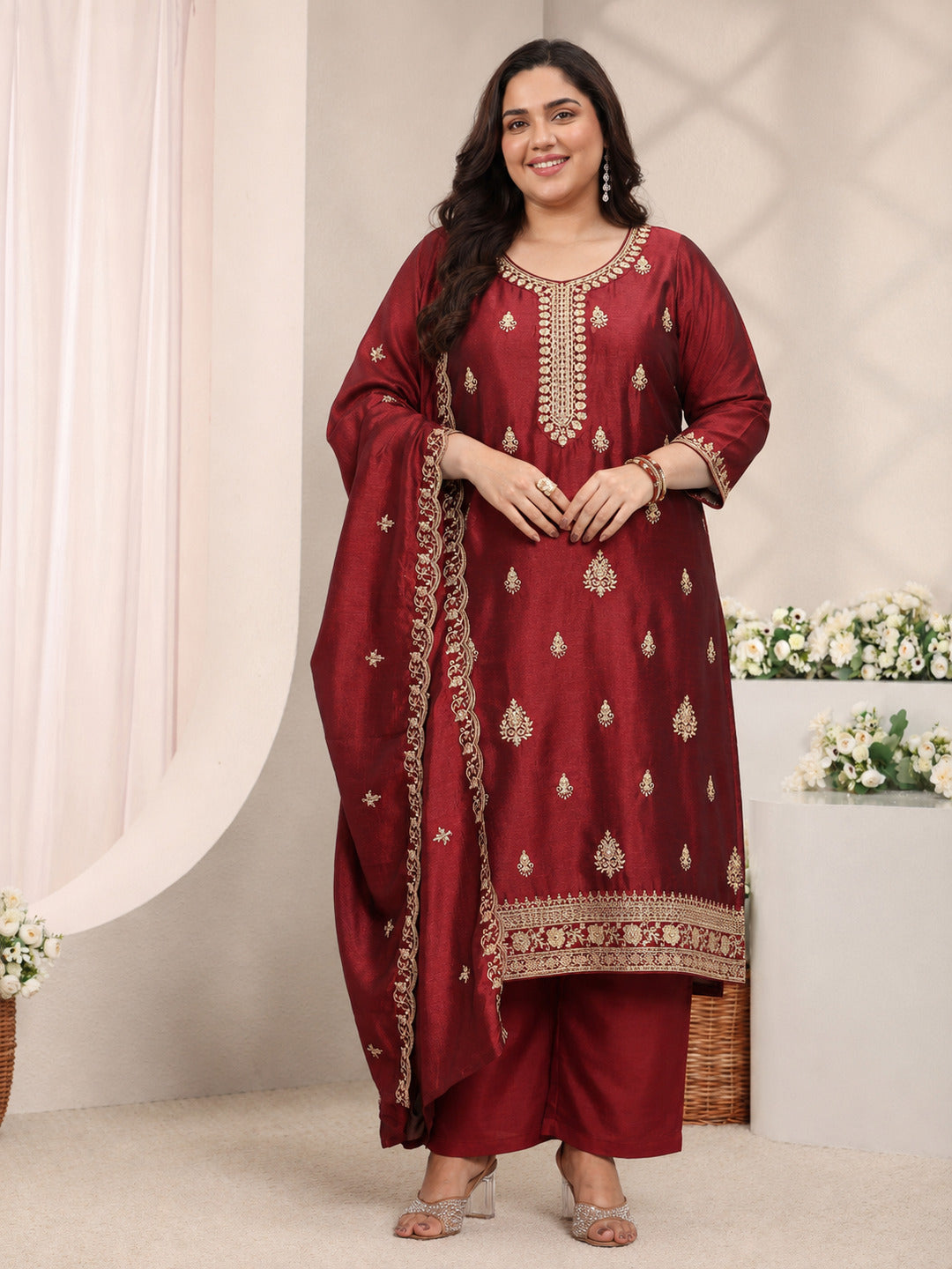 libas Plus Size Maroon Ethnic Motifs Embroidered Silk Blend Straight Suit Set With Dupatta-picture-65