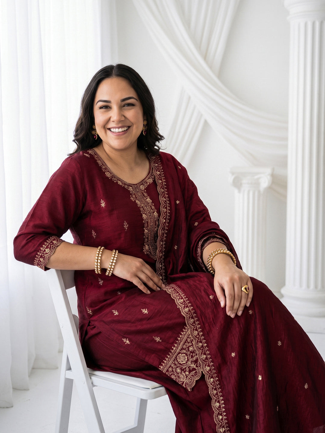 Plus Size Maroon Floral Embroidered Silk Blend Palazzo Suit Set