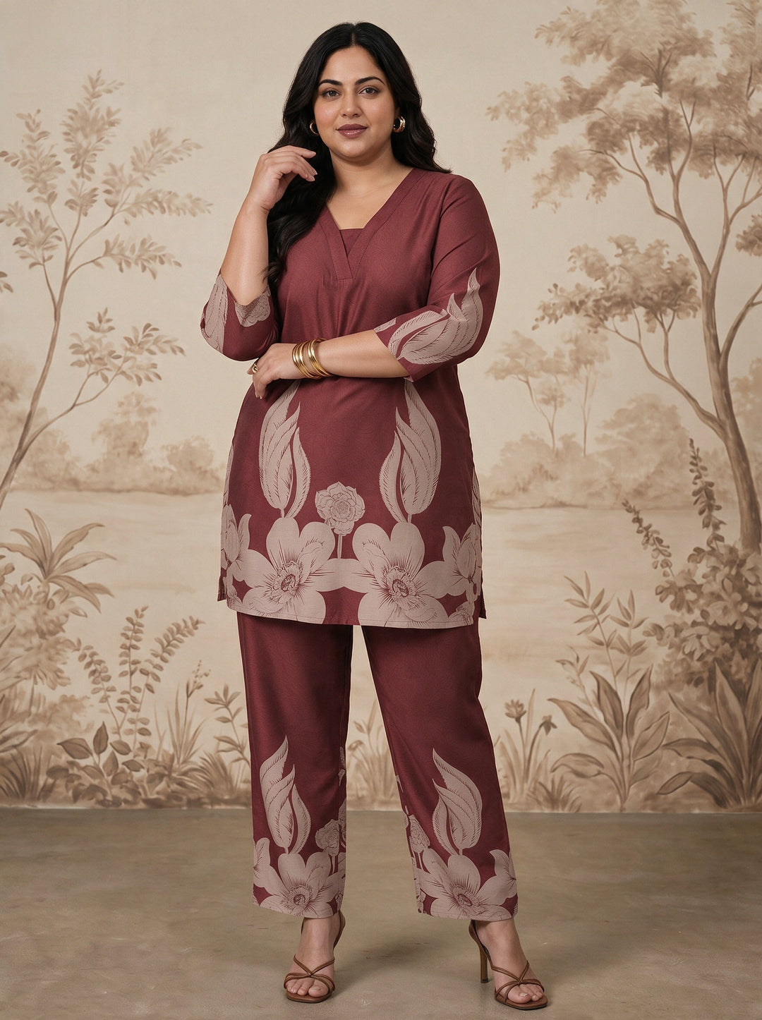 Plus Size Maroon Floral Printed Muslin Straight Kurta Set