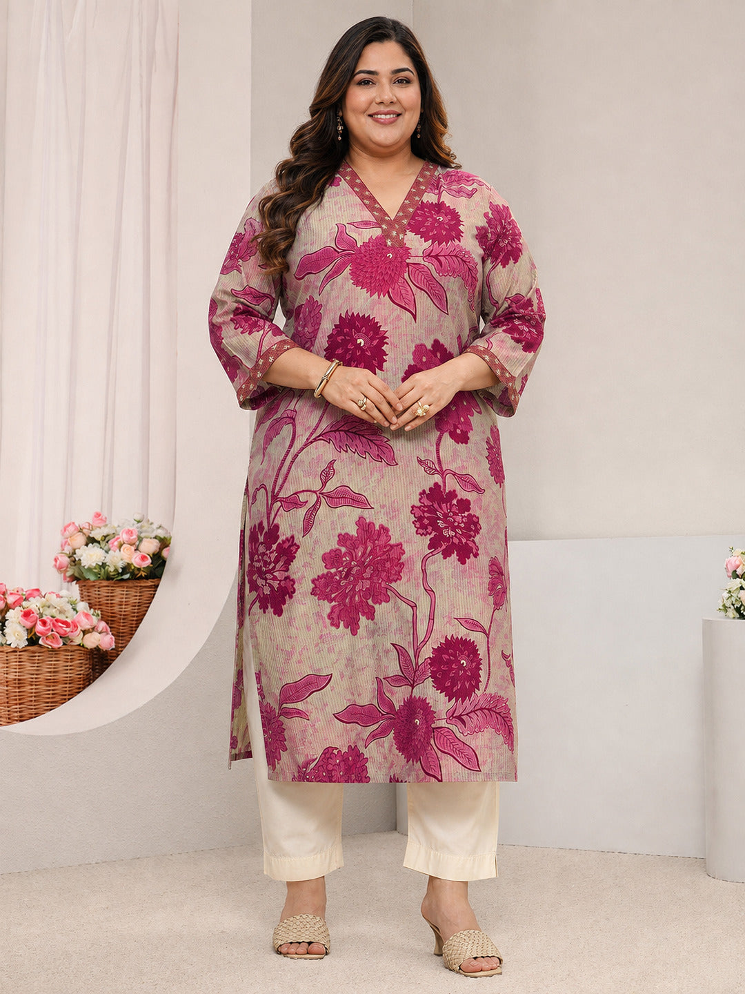  Plus Size Maroon Floral Printed Silk Blend Straight Kurta 