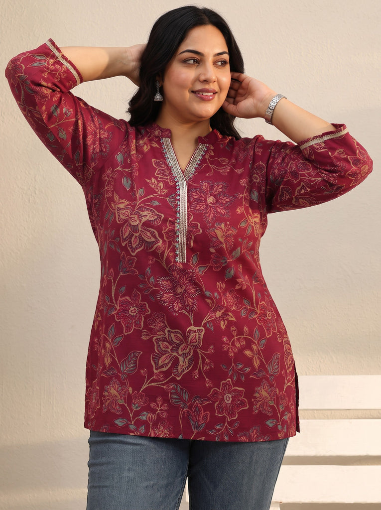 Plus Size Maroon Floral Printed Silk Blend Straight Short Kurti