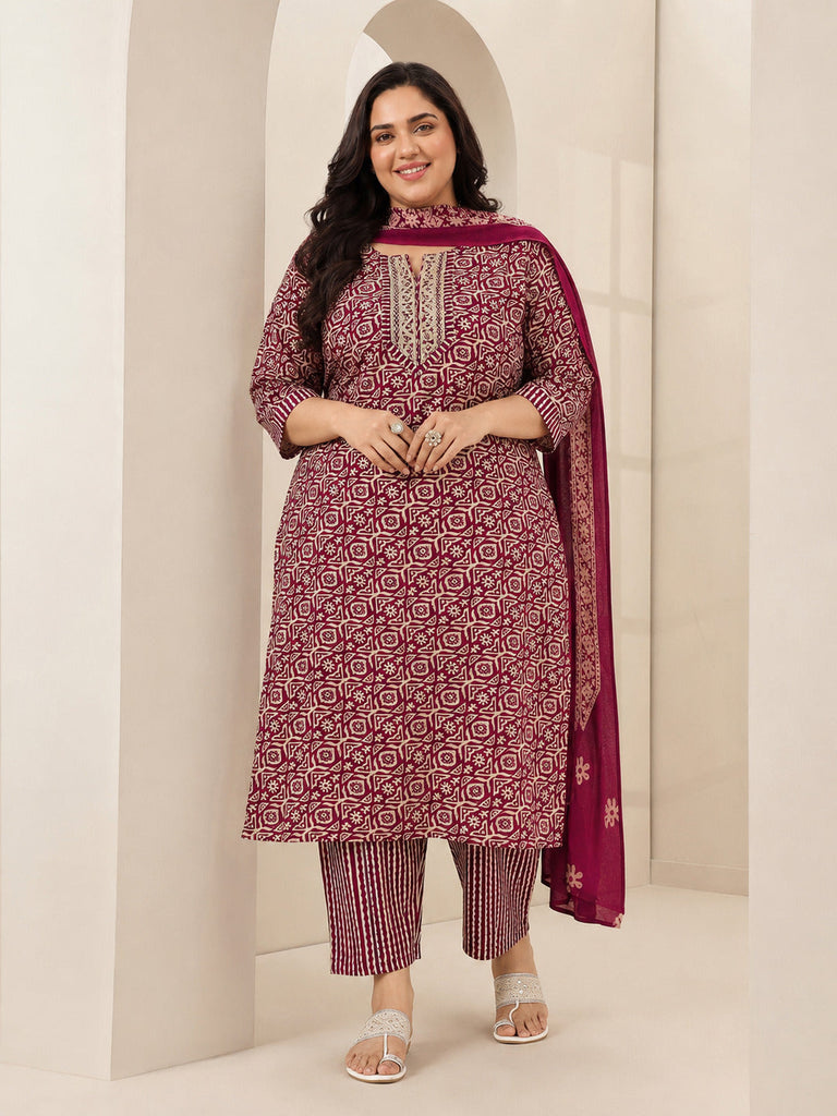 Plus Size Maroon Printed Cotton Blend Straight Suit Sets With Dupatta